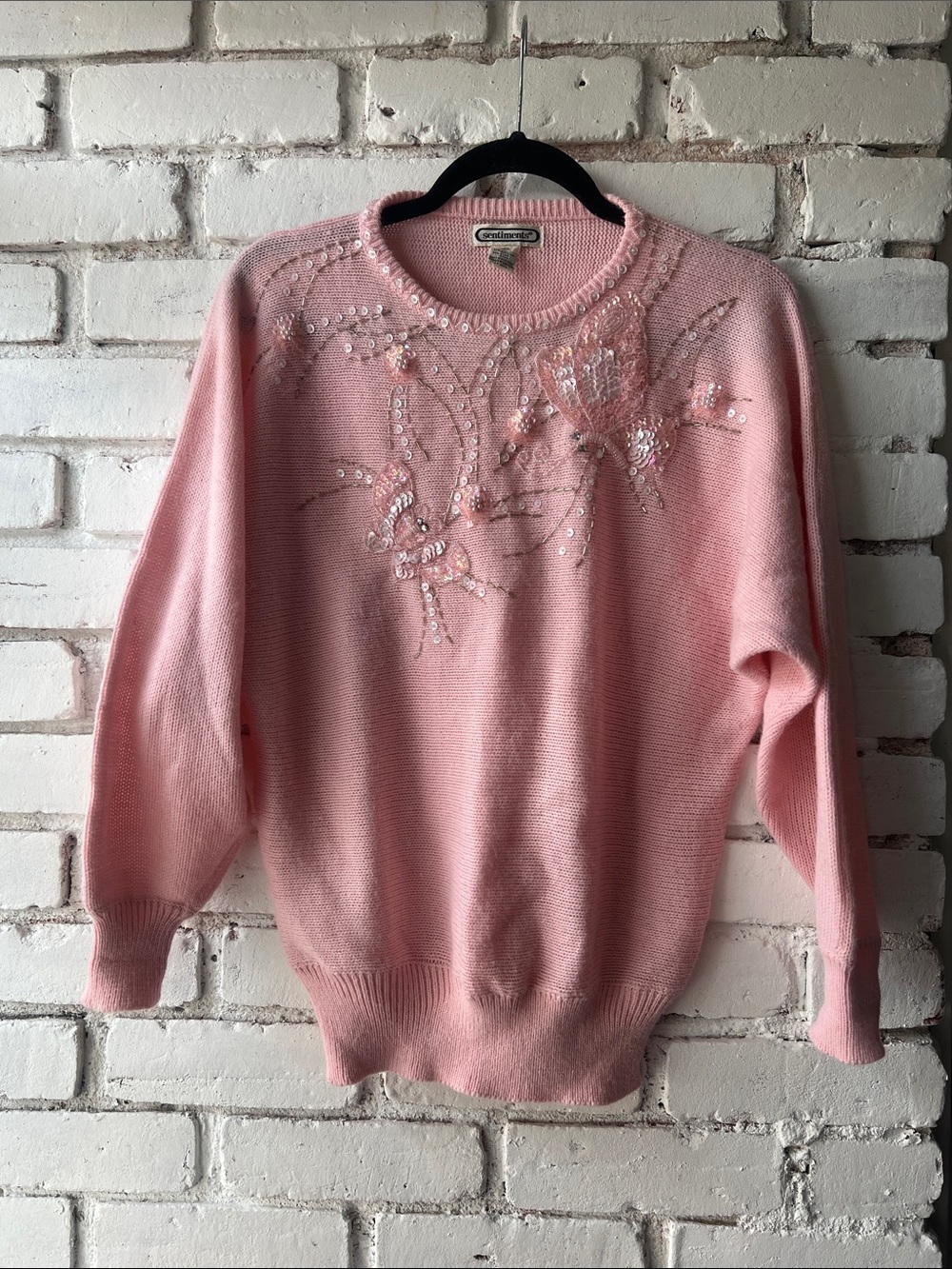 Vintage Embellished Pink Crewneck Sweater baby pink beaded embroidered knit